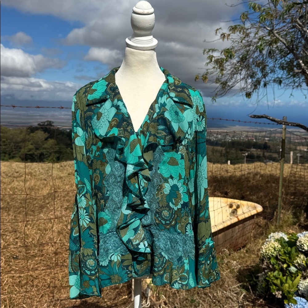Y2K 90s Retro Allison Taylor Green Floral Ruffle lace  Long Sleeve Top Fairy L